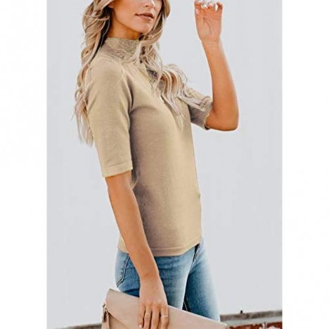 LETSRUNWILD Women's Plain T-Shirt Blouses Slim Fitted Half Sleeve Mock Turtle Neck Layering Fall Cute Tee Tops
