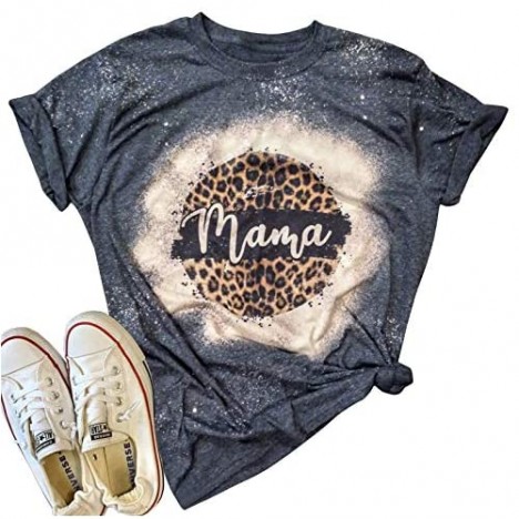 Mama Vintage Bleached T-Shirt Women Funny Leopard Graphic Mama Shirt Tee Casual Short Sleeve Letter Print Mom Tee Tops