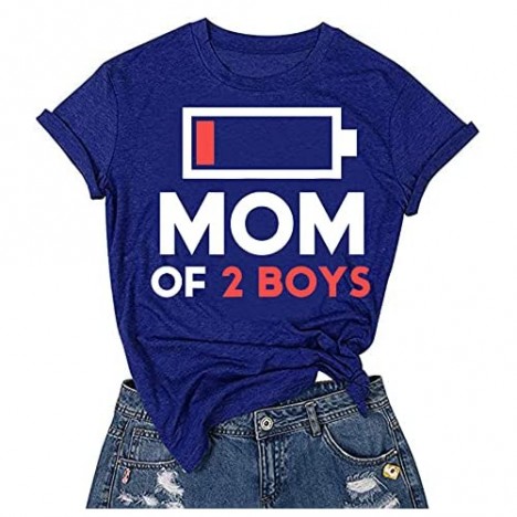 Mom of 2 Boys Letter Print Womem T-Shirt Graphic Funny Short Sleeve Mom Life Tee for Women