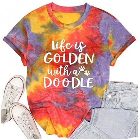 MYHALF Life is Golden with a Doodle Shirt for Women Funny Dog Mama Tees Short Sleeve Mum T-Shirt Tops