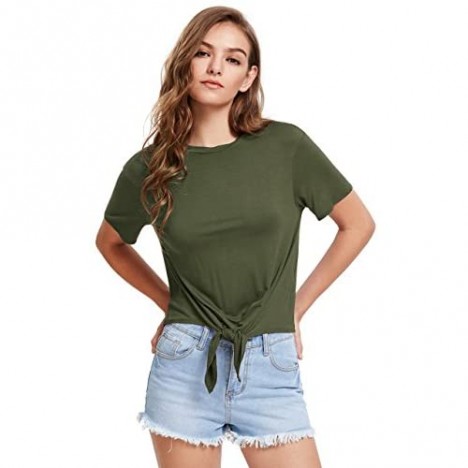 Romwe Women's Short Sleeve Tie Front Knot Casual Loose Fit Tee T-Shirt