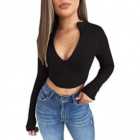 SKYVOICE Women's Sexy Zip Up Crop Top Long/Short Sleeve Deep Neck Casual Basic T Shirt