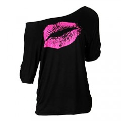 Smile Fish Women Casual Oversized Sexy Lips Print Off Shoulder T-Shirt