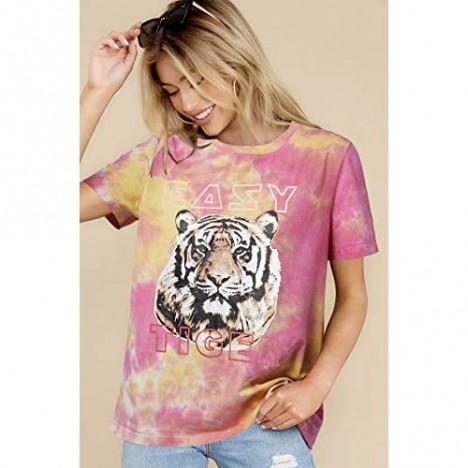 Sofia's Choice Women Tiger Tee Shirt Short Sleeve Tie dye Graphic Round Neck Casual Cute Top