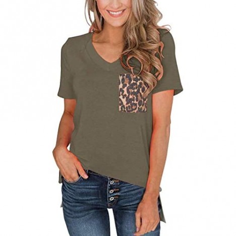 SVALIY Womens Summer Short Sleeves Casual Loose V Neck T Shirts Basic Tops Tee Leopard Pocket