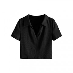 SweatyRocks Women's Collar Ribbed Knit Tee Short Sleeve Crop Top T-Shirts
