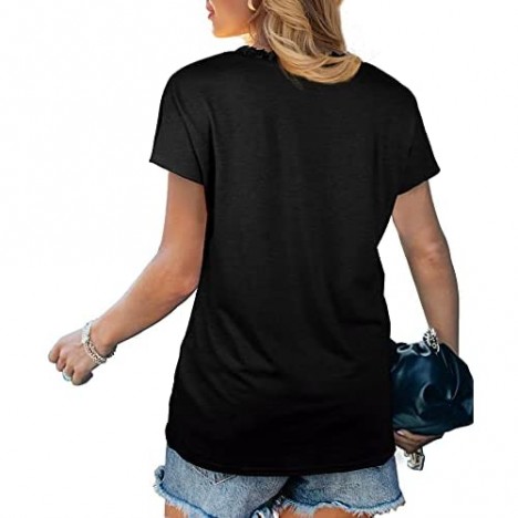 WEESO Women Lace V Neck T Shirts Loose Short Sleeve Tops Side Split