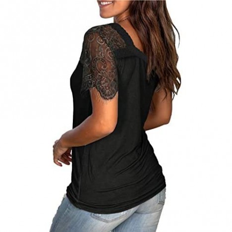 WMZCYXY Women's V Neck Scalloped Lace Tee Tops Short Sleeve T Shirt Casual Summer Blouses