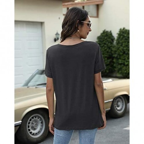 Womens Short Sleeve V Neck Shirts Summer Loose Casual Tee T-Shirt Basic Plain Tops
