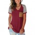 Womens Summer Basic Short Sleeve V Neck Color Block Casual Tops T Shirts with Pocket