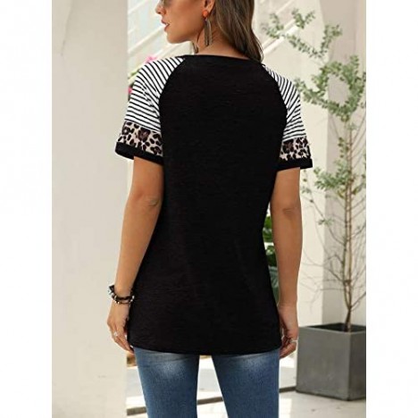 Adibosy Women's Short Sleeve Tops Leopard Color Block T Shirt Casual Tunic Crew Neck Striped Shirts S-XXL