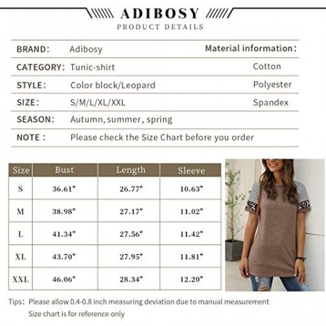 Adibosy Women's Short Sleeve Tops Leopard Color Block T Shirt Casual Tunic Crew Neck Striped Shirts S-XXL