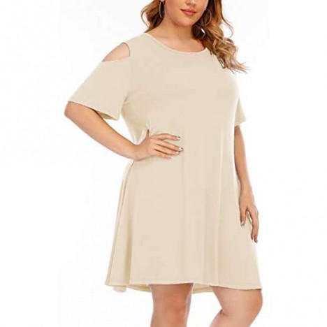 Aksbgg Womens Plus Size Short Sleeve Mini Dress Cold Shoulder T-Shirt Swing Tunic Dress
