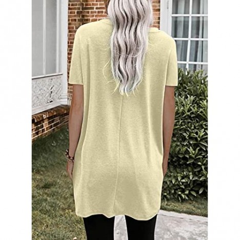 Asvivid Womens Short Sleeve Long T Shirts for Women Summer Casual Loose Round Neck Shirts Solid Tunic Tops with Pockets