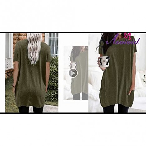 Asvivid Womens Short Sleeve Long T Shirts for Women Summer Casual Loose Round Neck Shirts Solid Tunic Tops with Pockets