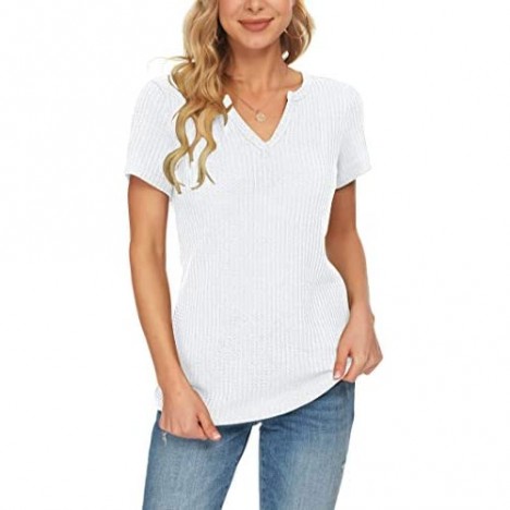 AUSELILY Women's Summer Waffle Knit Short Sleeve Tunic Tops V Neck Loose Blouses Shirts(L White)