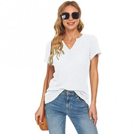 AUSELILY Women's Summer Waffle Knit Short Sleeve Tunic Tops V Neck Loose Blouses Shirts(L White)