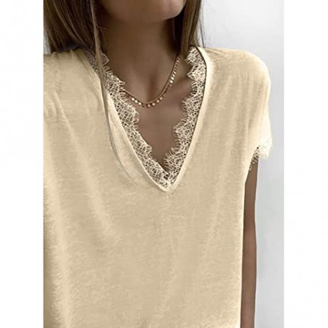 BLENCOT Women's Casual V Neck Lace Tops Short Sleeve Summer T Shirts Blouses