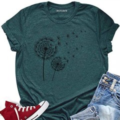 Dandelion Make a Wish T Shirt Women's Flower Graphic Tee Tops Summer Cute Short Sleeve Shirt