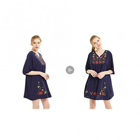 futurino Women's Bohemian Embroidery Floral Tunic Shift Blouse Flowy Mini Dress