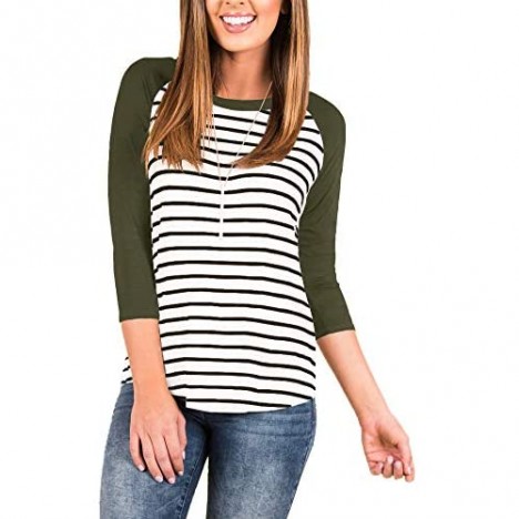 INFITTY Women's 3/4 Sleeve Raglan Striped T Shirt Baseball Tunic Tops Blouse