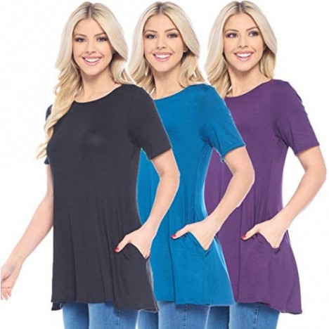 Isaac Liev 3 Pack Womens Short Sleeve Tunic Top - Lightweight Casual Loose Flared Tunic Blouse with Straight Hem & Pockets