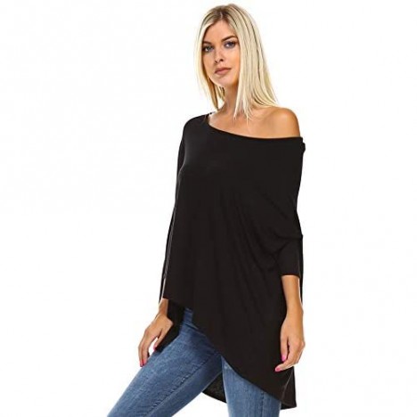 Isaac Liev Women's Tunic Top – Casual 3/4 Batwing Dolman Sleeve Off Shoulder Baggy Oversized Loose Fit Flowy T Shirt Blouse
