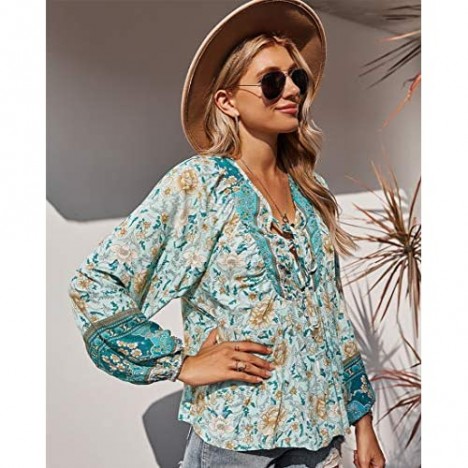 KAYWIDE Womens Tunic Tops Floral Printed V Neck Blouses Boho Beach Casual Long Sleeve Shirts