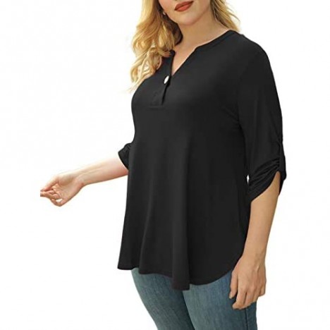 LIENRIDY Women's Plus Size Tunic Tops 3/4 Roll Sleeves Blouses V Neck Henley Shirt M-4X