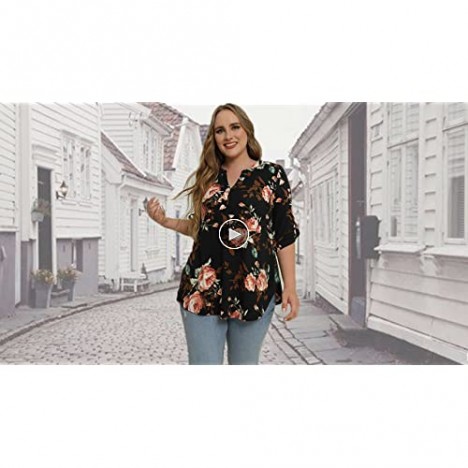 LIENRIDY Women's Plus Size Tunic Tops 3/4 Roll Sleeves Blouses V Neck Henley Shirt M-4X