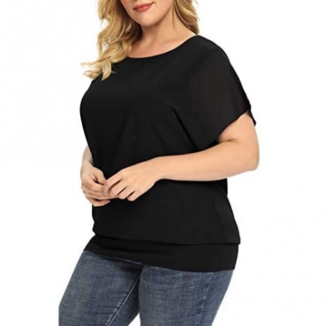 LILBETTER Women's Plus Size Loose Casual Short Sleeve Chiffon Top T-Shirt Blouse