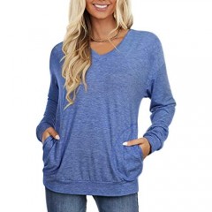 MIDOVAN V Neck Shirts - Long Sleeve T Shirt for Womens Tops with Pocket Casual Loose Fit Tunic Baggy Tops