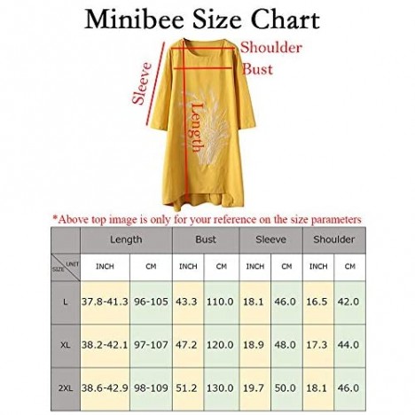 Minibee Women's Linen Dress Tunic Blouse Pullover Flower Embroidered High Low Shirt