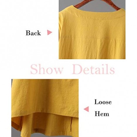 Minibee Women's Linen Dress Tunic Blouse Pullover Flower Embroidered High Low Shirt