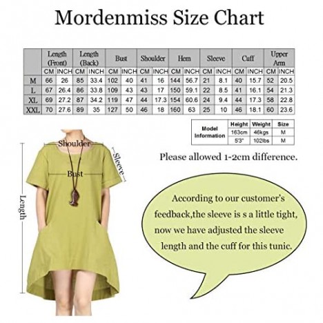 Mordenmiss Women's Cotton Linen Tunic Tops Hi-Low Dresses with Pockets
