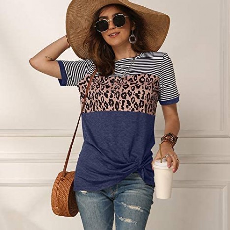 NOVMAY Women's Summer Top Casual T-Shirts Crewneck Short Sleeve Tunics Twist Knot Blouse Leopard Print Stripe