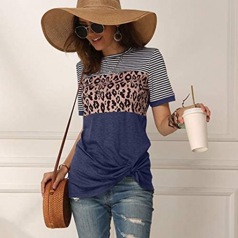 NOVMAY Women's Summer Top Casual T-Shirts Crewneck Short Sleeve Tunics Twist Knot Blouse Leopard Print Stripe