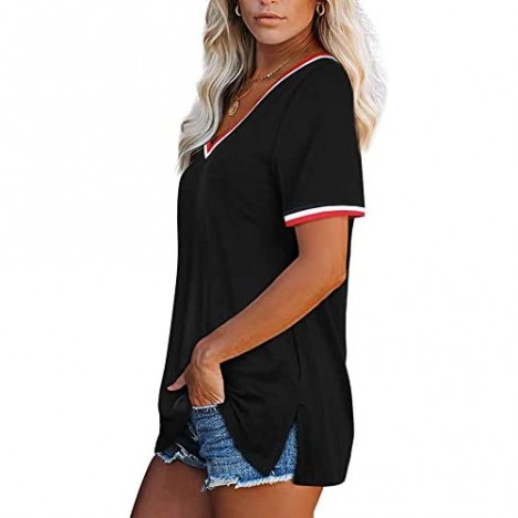OWIN Women T Shirts V Neck Casual Side Split Short Sleeve Loose Fit Tunic Tops Summer Blouse