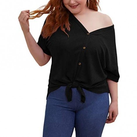 POSESHE Womens Plus Size Waffle Knit Tunic Blouse Tie Knot Henley Tops Loose Fitting Bat Wing Plain Shirts