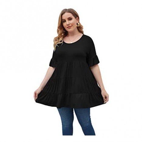 Rainlin Women Casual Plus Size Summer Tops Ruffle Short Sleeve Tunic Shirt Round Neck Tiered Pleated Mini Dress