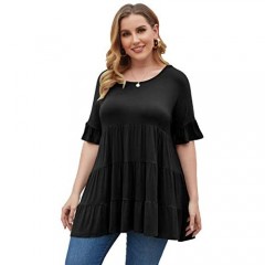 Rainlin Women Casual Plus Size Summer Tops Ruffle Short Sleeve Tunic Shirt Round Neck Tiered Pleated Mini Dress