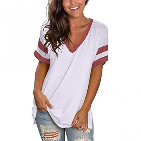 SAMPEEL Womens Tops Striped Short Sleeve V Neck Tee T Shirts Side Split Tunic