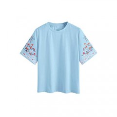SheIn Women's Short Sleeve Embroidery Shirt Crew Neck Blouse Floral Tunic Tee Tops