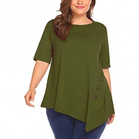 Sweetnight Women's Casual Scoop Neck Short Sleeve Solid Asymmetrical Pleated T-Shirt Blouse Top Plus Size (S-4XL)