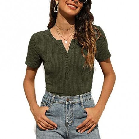 Tobrief Women's Henley Shirts Short Sleeve V Neck Ribbed Button Knit Sweater Solid Color Summer Tops