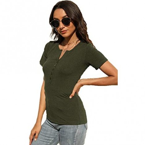 Tobrief Women's Henley Shirts Short Sleeve V Neck Ribbed Button Knit Sweater Solid Color Summer Tops
