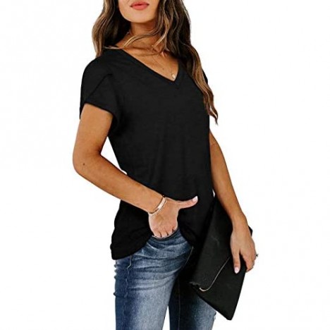 Womens Petal Sleeve Tops V Neck Short Sleeve Shirts Summer Casual Loose Solid Color Basic Tunic Tshirt