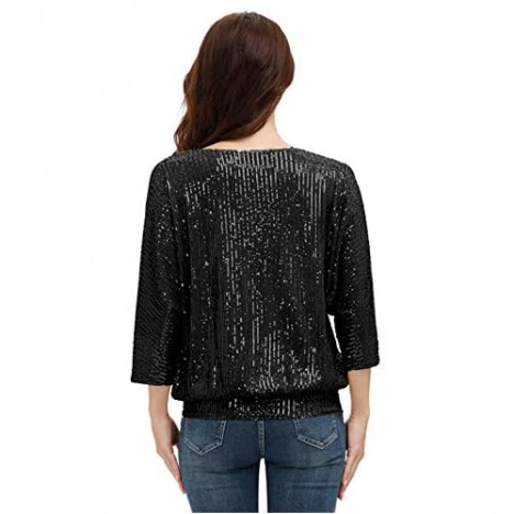 Women's Sparkle Sequin Tops Shimmer Glitter Loose Bat Sleeve Party Tunic Tops
