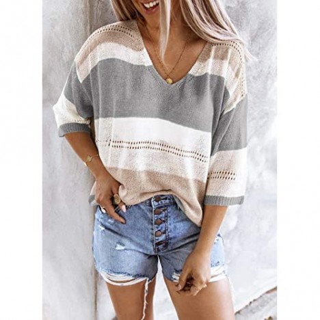 Zecilbo Women's Striped Color Block 3/4 Sleeve Sweaters Casual Loose Fit Knit Tops