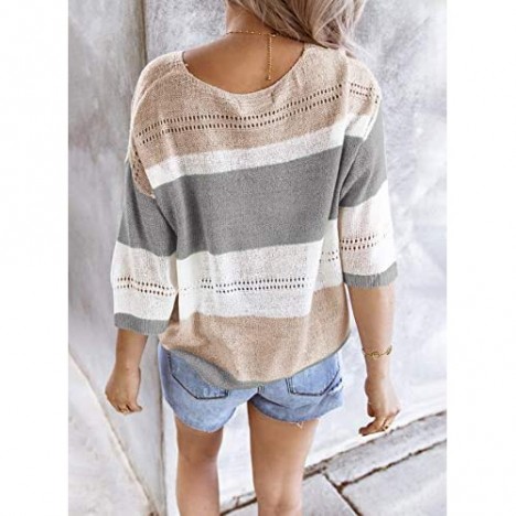 Zecilbo Women's Striped Color Block 3/4 Sleeve Sweaters Casual Loose Fit Knit Tops